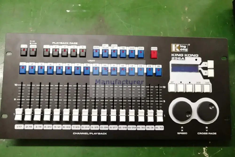 Decorbites king kong black and blue lighting console with blue and white buttons and digital display for event rooms