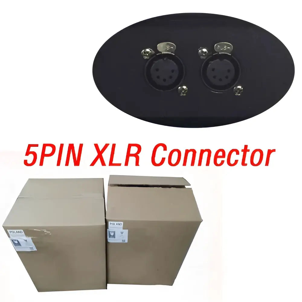 Black oval-shaped 5-pin xlr audio connector with metallic pins and screws on back side of decorbites king kong lighting console