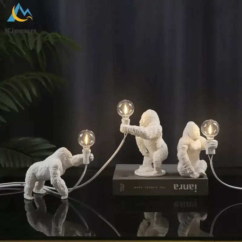 White resin decorbites king kong led desk lamp with textured fur and exposed filament bulbs for living room light