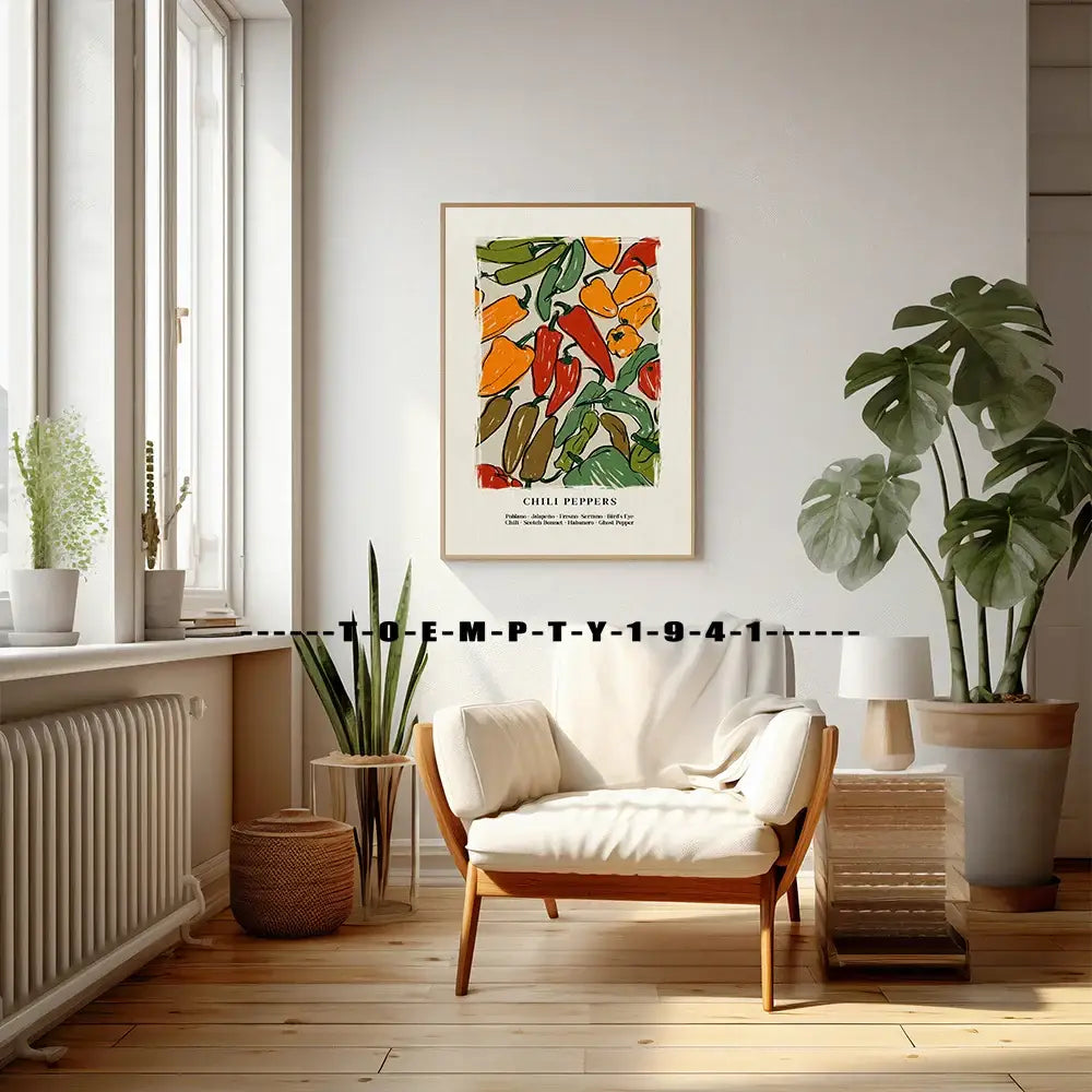 A framed DecorBites™ kitchen gallery wall print featuring vibrant red orange and green chili peppers illustration