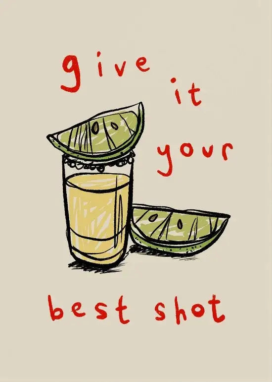 A hand-drawn glass with yellow liquid, lime wedge, and salted rim featured in DecorBites™ kitchen gallery wall prints