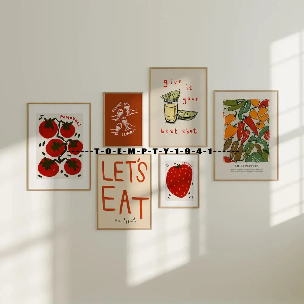 Set of six framed DecorBites™ kitchen gallery wall prints with vibrant tomato chili pepper and cocktail designs