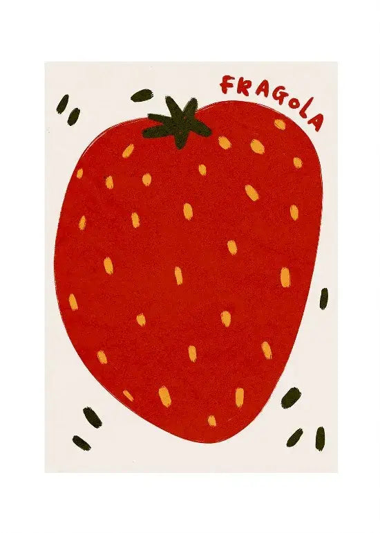 A vibrant red strawberry illustration with yellow seeds on a cream card in decorbites kitchen gallery wall prints