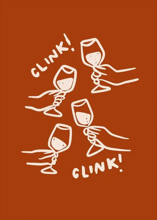 White line-art illustration of four hands clinking wine glasses on orange background kitchen gallery wall print decorbites