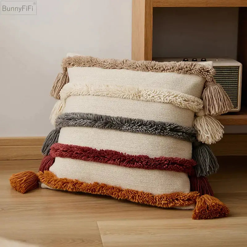 Bunnyfifi rectangular cushion cover with cream gray rust and burnt orange stripes and tassels for living room decorbites knit boho style