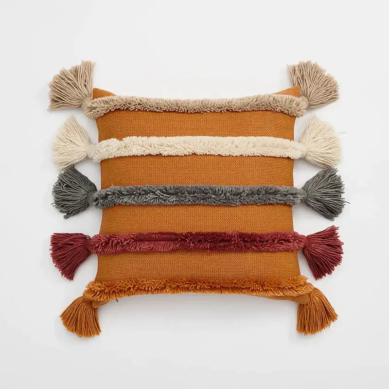 Orange woven decorbites knit boho cushion cover with cream gray rust tassels for beige living room decor