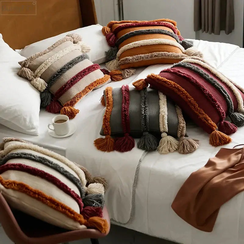 Cozy decorbites knit boho cushion cover with earthy striped texture and tassels for living room decor in beige tones
