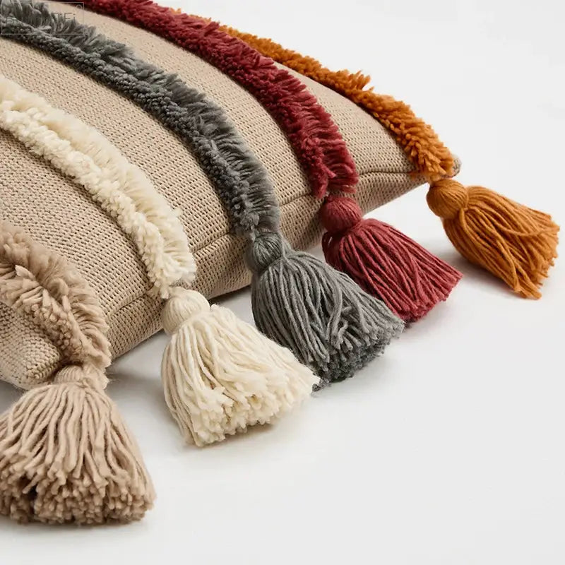 Beige textured decorbites knit boho cushion cover with cream gray rust mustard tassels for living room decor
