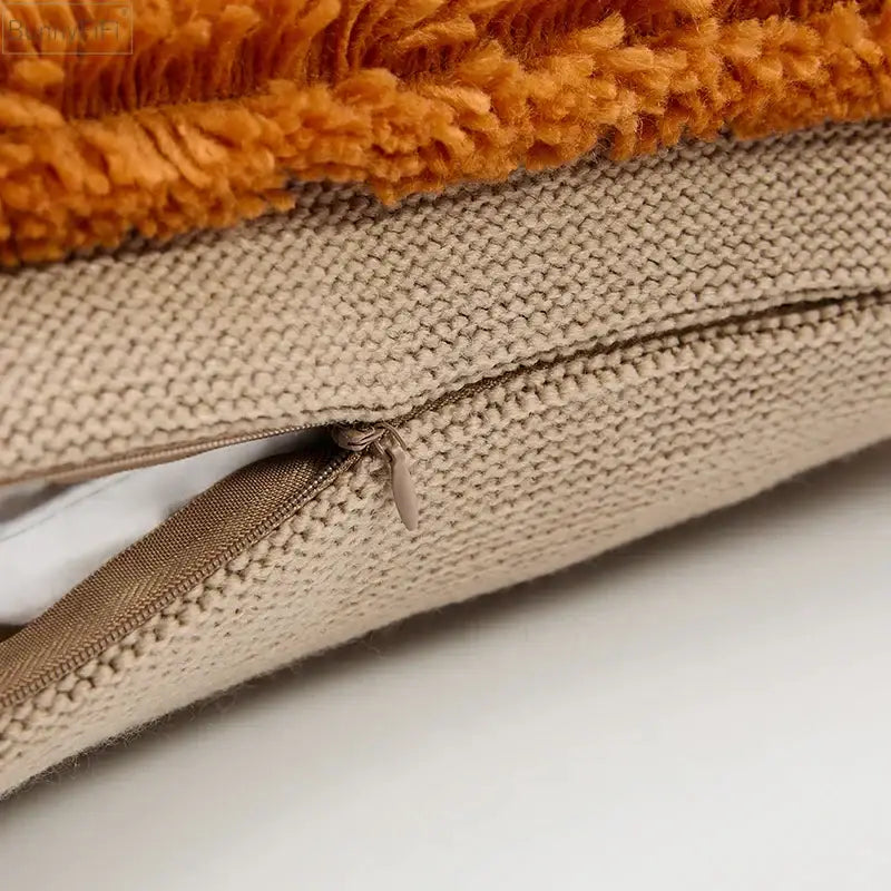 Cozy decorbites knit boho cushion cover with plush orange faux fur top and beige knit base for living room decor