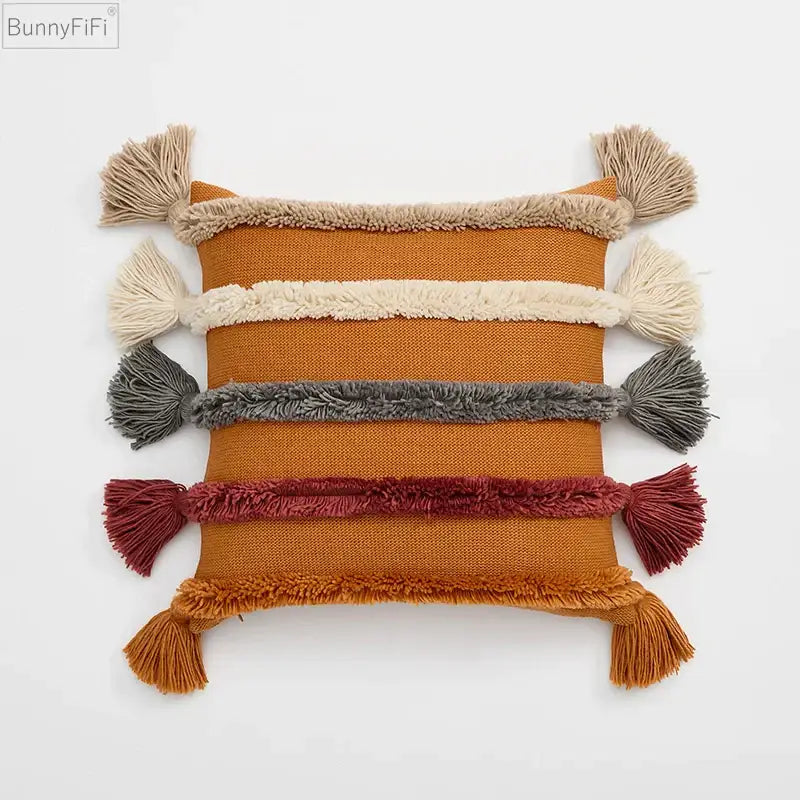 Bunnyfifi rectangular cushion cover with textured orange base and cream gray rust fringe tassels for living room decorbites knit boho style