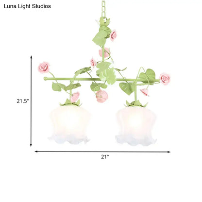 Decorbites™ korean garden hanging light fixture features a pastel pink and green floral chandelier with two frosted glass shades and standard bulb base