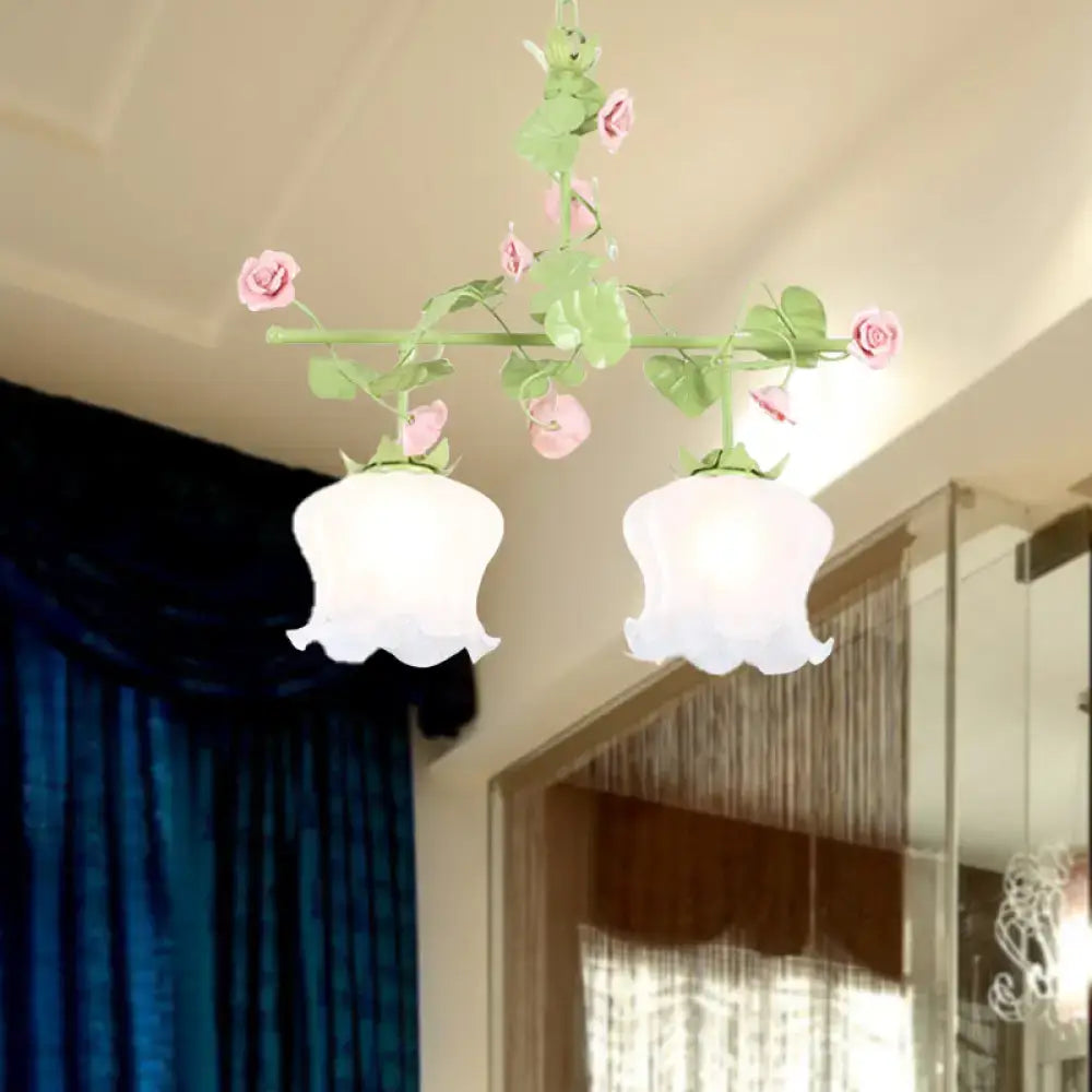 Decorbites™ korean garden hanging light fixture with pastel pink green floral design, white glass shades, bulb base compatible