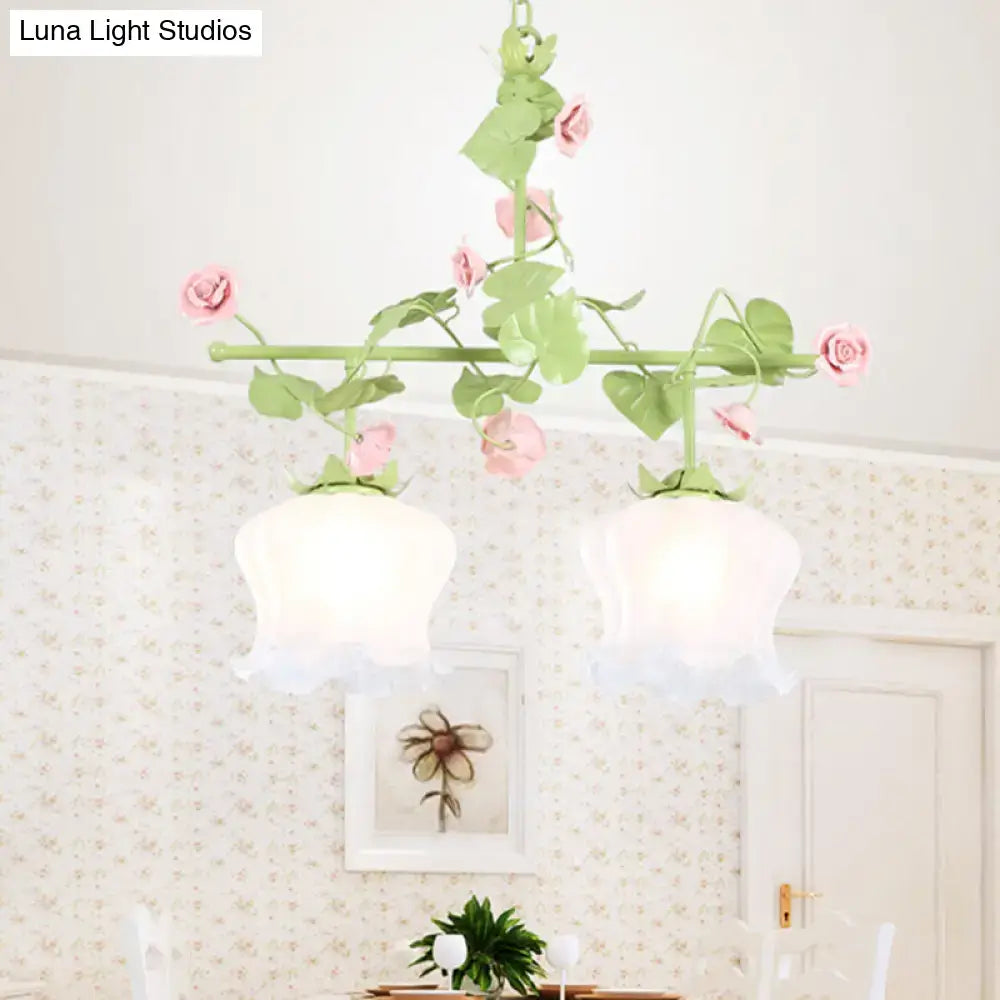 Pastel pink and green floral chandelier with two white ruffled lampshades decorbites korean garden fixture width e26 e27