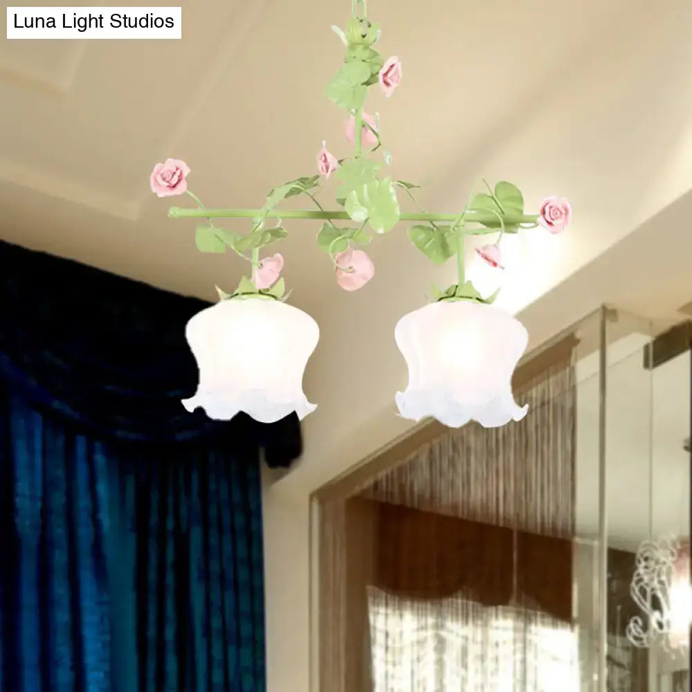 Decorbites korean garden hanging light fixture with pastel pink green floral design and two white glass shades bulb base included