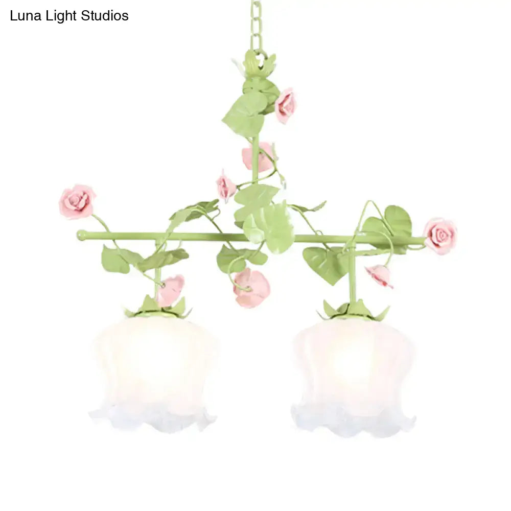 Decorbites korean garden hanging light fixture with pastel pink green floral design two e26 e27 soft-lit glass shades