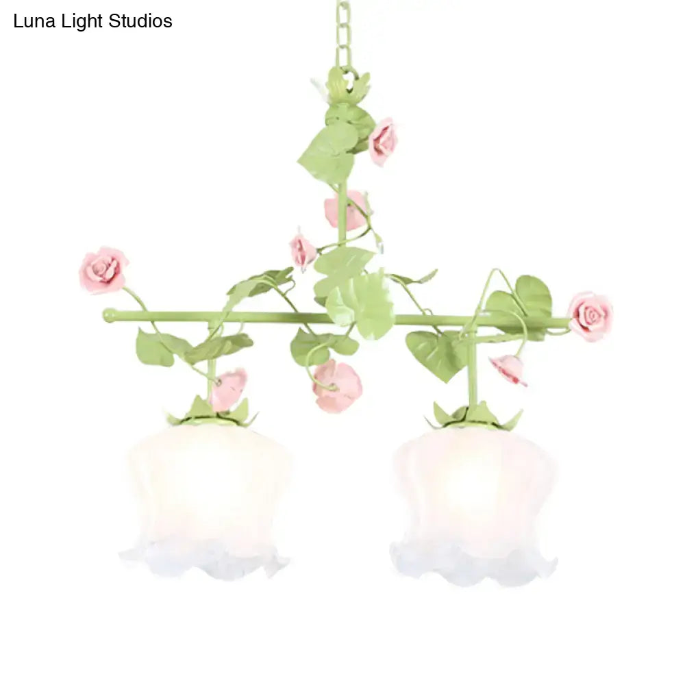 Decorbites korean garden hanging light fixture with pastel pink and green floral design and frosted white glass shades e26 e27