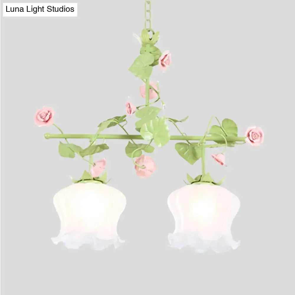 Decorbites™ korean garden hanging light fixture with two-light green metal frame and frosted floral glass shades e26 e27