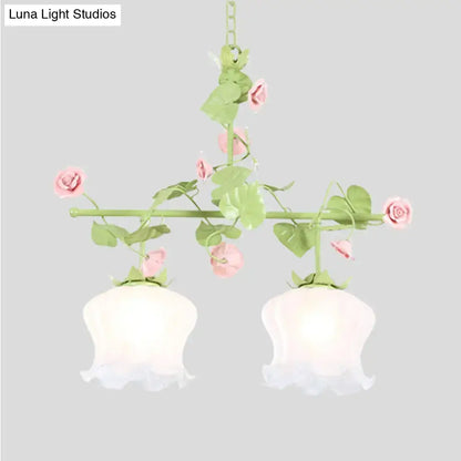 Decorbites™ korean garden hanging light fixture with two-light green metal frame and frosted floral glass shades e26 e27