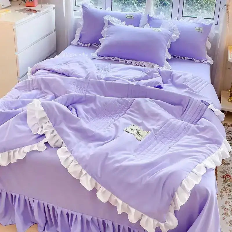 Lavender DecorBites korean princess ruffles summer quilt set with white ruffled trim and embroidered labels