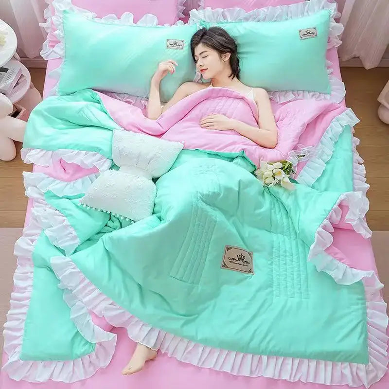 Decorbites™ korean princess ruffles quilt set featuring a mint green summer quilt with pink and white ruffled edges