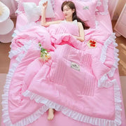 Pink quilted summer quilt with white princess ruffles trim and decorative patch from decorbites korean princess ruffles set