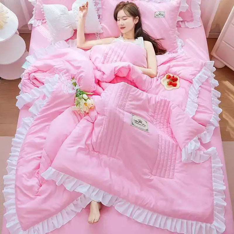 Pink quilted summer quilt with white princess ruffles trim and decorative patch from decorbites korean princess ruffles set