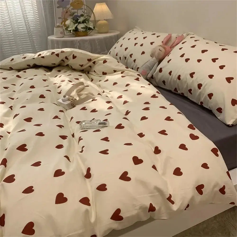 Cream-colored duvet cover with red heart patterns from decorbites korean style bedding set twin to queen sizes