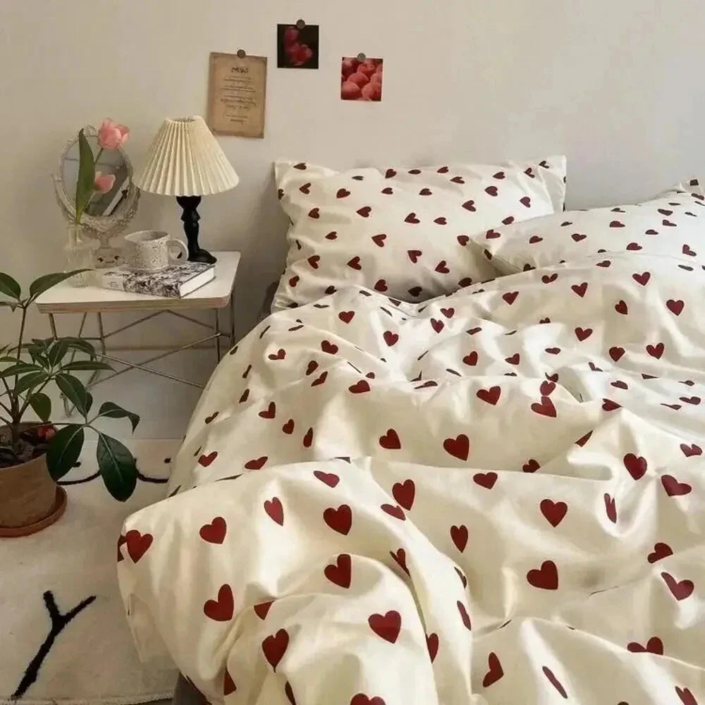 White duvet cover with red heart pattern in decorbites™ korean style bedding set for twin to queen sizes