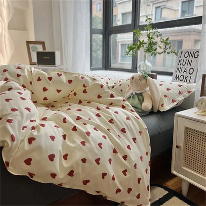 Cream-colored korean style duvet cover with red heart patterns in soft fabric for cozy bedding set twin to queen sizes