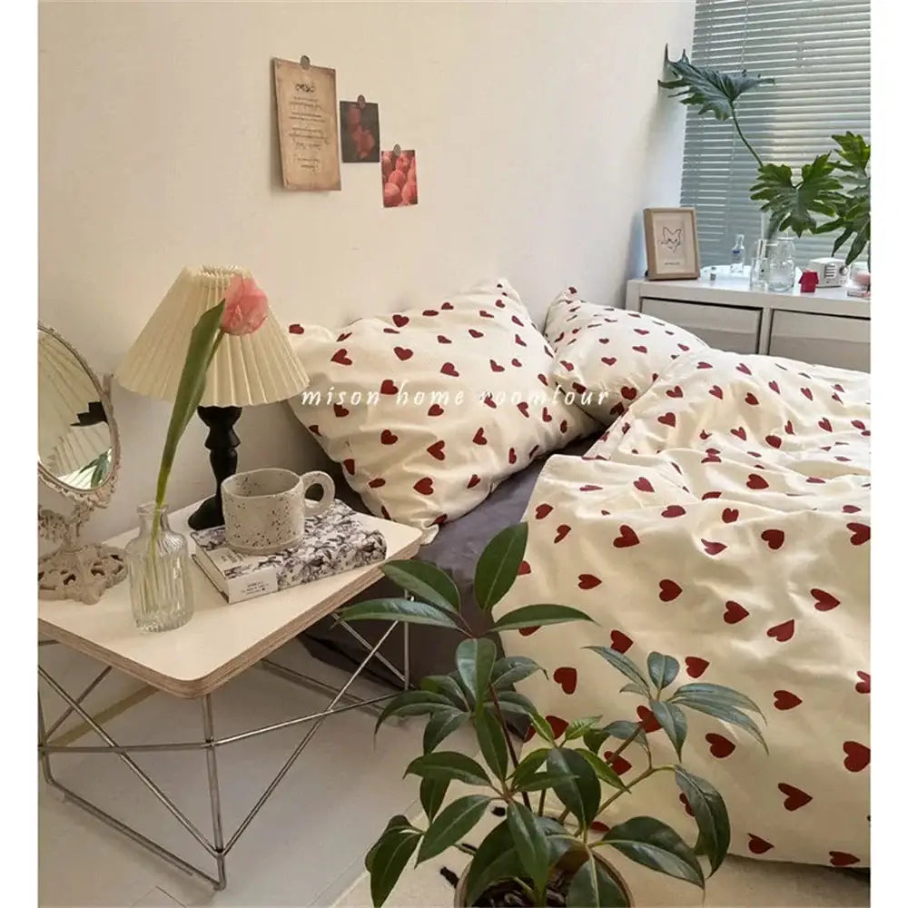 Cream-colored korean style duvet cover bedding set with scattered red heart patterns for twin to queen sizes