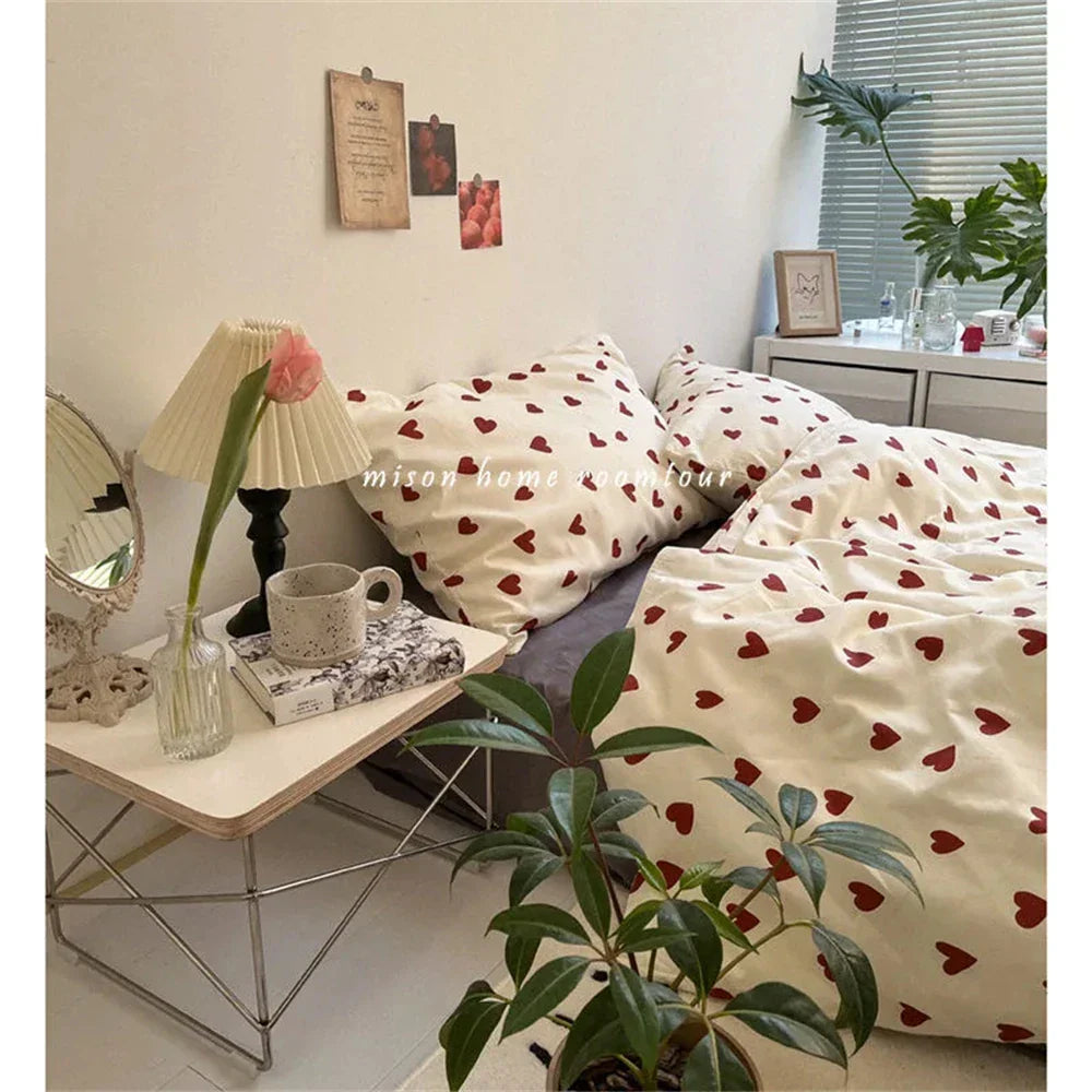Cream-colored korean style duvet cover bedding set with scattered red heart patterns for twin to queen sizes