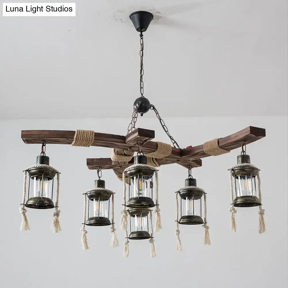Rustic wooden decorbites lantern restaurant island light with five clear glass led incandescent fluorescent lanterns