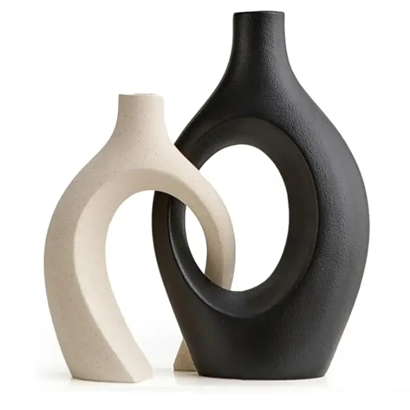 DecorBites™ large 21cm black and beige ceramic vase with sleek curves and circular cutout for modern home decor
