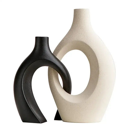 Decorbites large 21cm capiron ceramic vase in black and cream with modern curves and circular cutout home decor