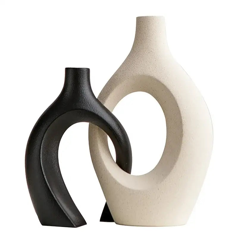 Decorbites large 21cm capiron ceramic vase in black and cream with modern curves and circular cutout home decor