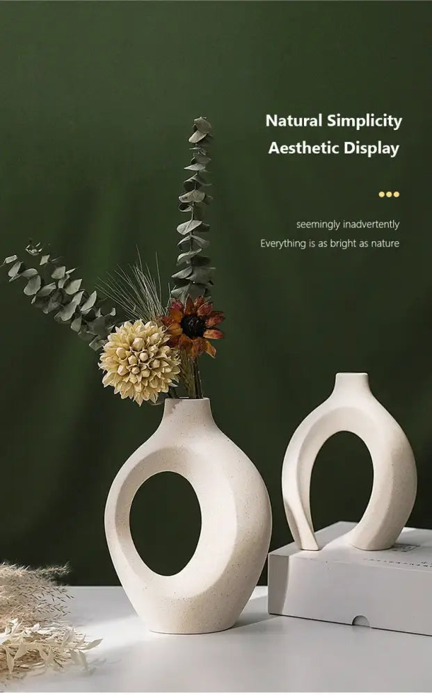 Cream-colored decorbites large 21cm ceramic vase with oval cutout and smooth rounded contours for home decor