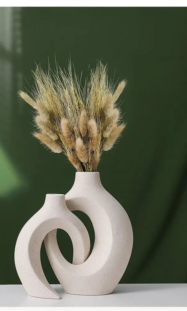 Cream-colored large 21cm ceramic vase with modern spiral design and dried golden wheat for home decor by DecorBites™