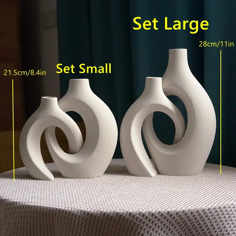 Set of three large 21cm white ceramic vases with abstract intertwined spiral designs for home decor by DecorBites