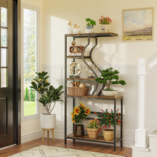 Black metal and wood 5-tier industrial plant stand shelf with curved design for indoor plant display