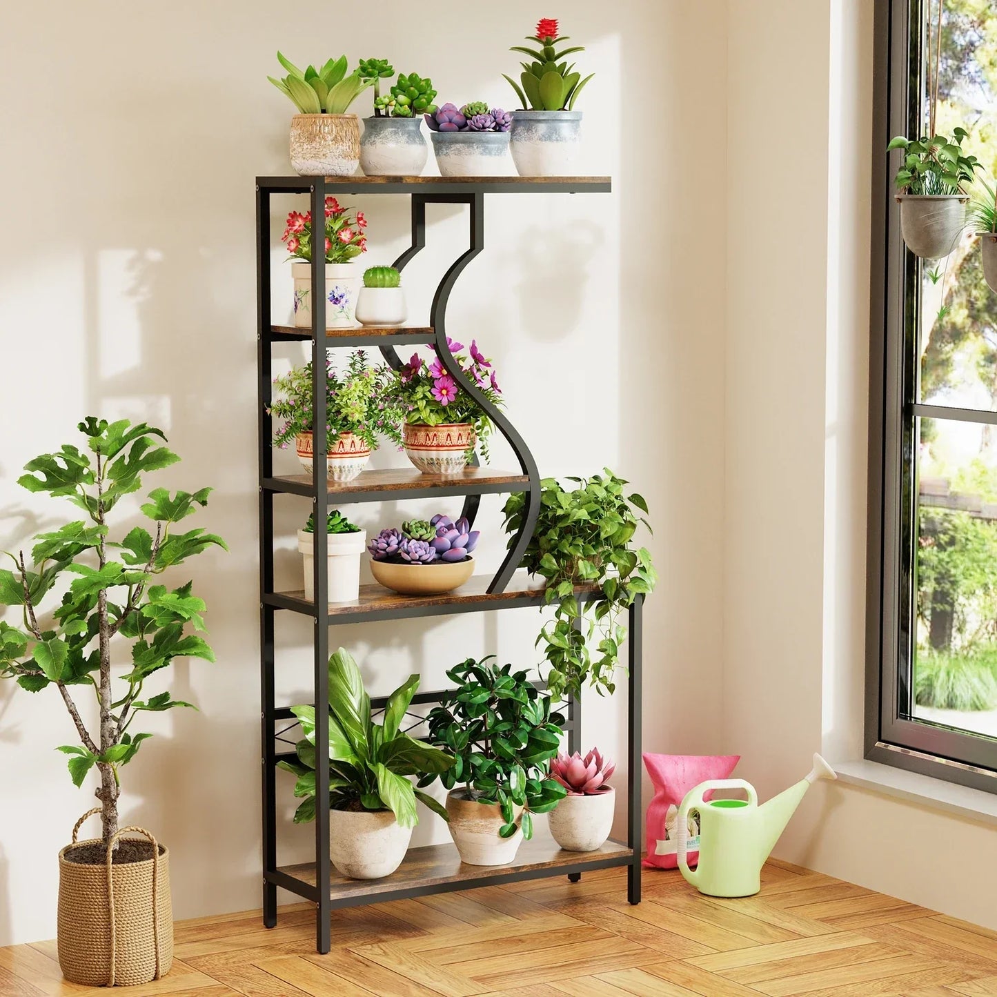 Decorbites large 5-tier industrial plant stand shelf in black metal and wood with curved design holding potted plants