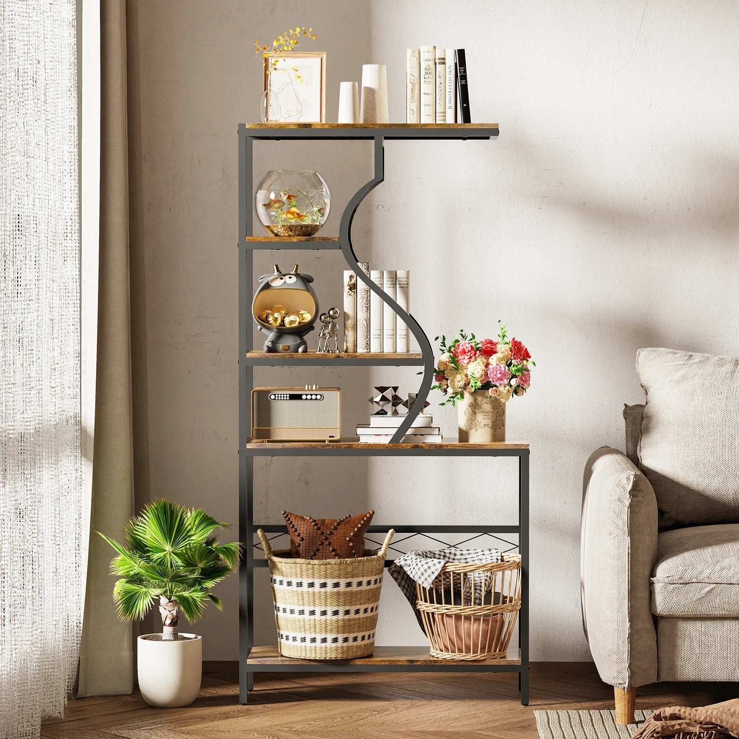 Decorbites™ large 5-tier industrial plant stand shelf with curved black metal frame natural wood shelves and decor items