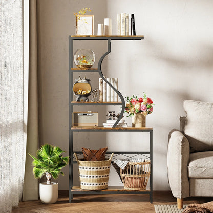 Decorbites™ large 5-tier industrial plant stand shelf with curved black metal frame natural wood shelves and decor items