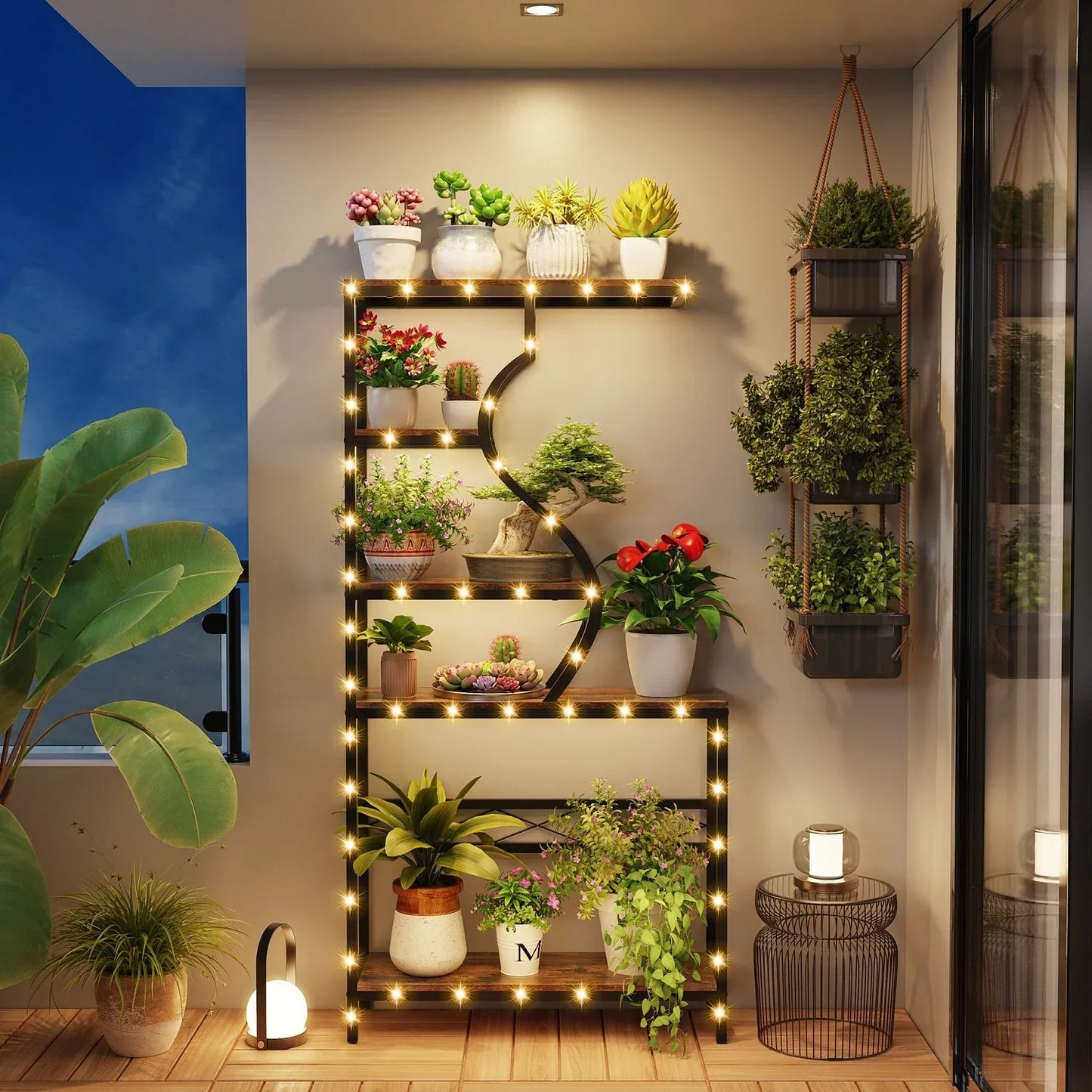 Decorbites™ large 5-tier industrial plant stand shelf in sleek dark metal with curved design and warm string lights wrapped edges