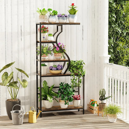 DecorBites large 5-tier industrial plant stand shelf with black metal frame and dark wood shelves holding potted plants