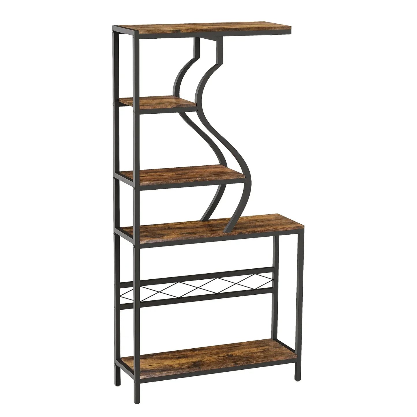 DecorBites large 5-tier industrial plant stand shelf with dark brown wood and black metal frame featuring curved supports