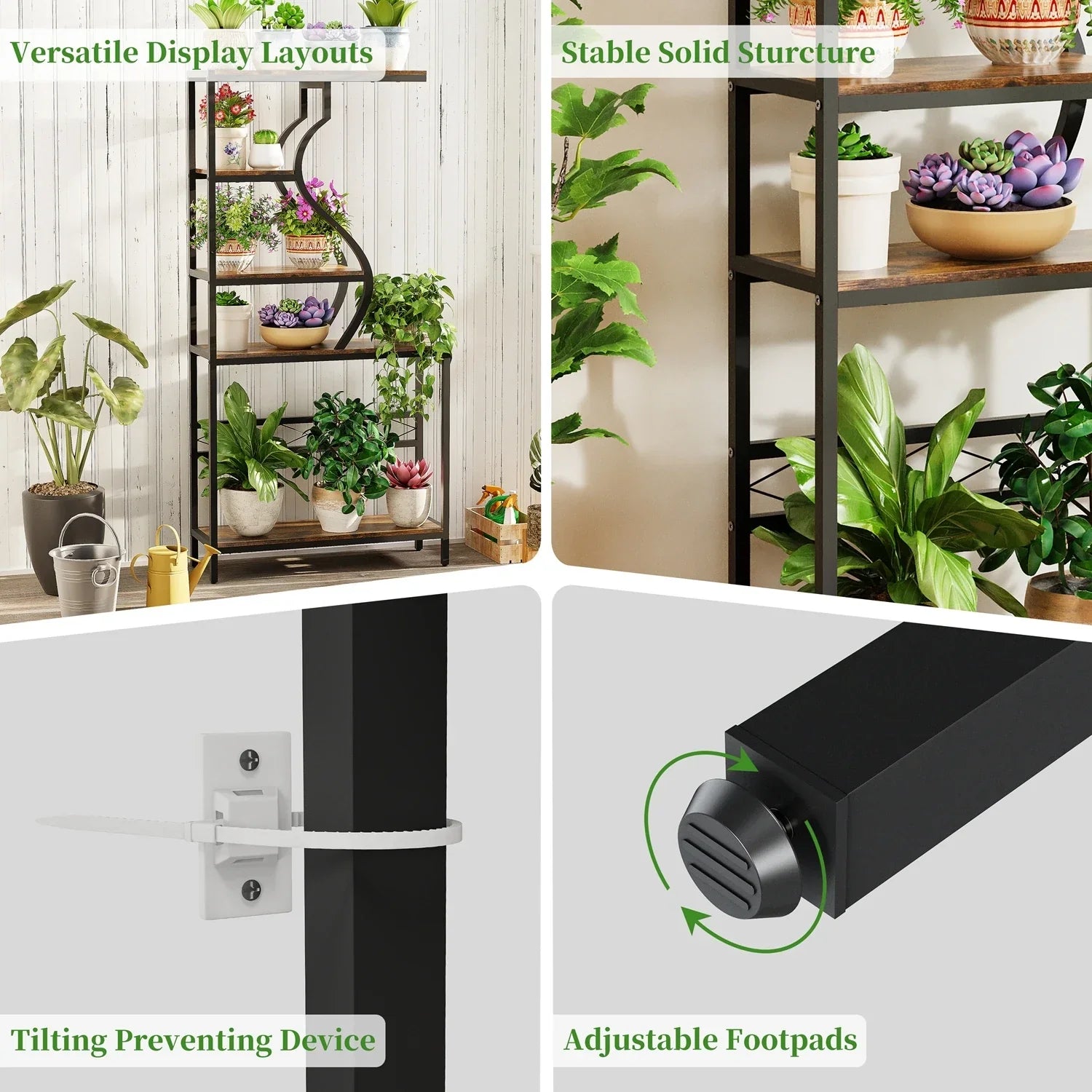 Black metal plant stand with wooden shelves and adjustable footpads in decorbites™ large 5-tier industrial plant stand shelf