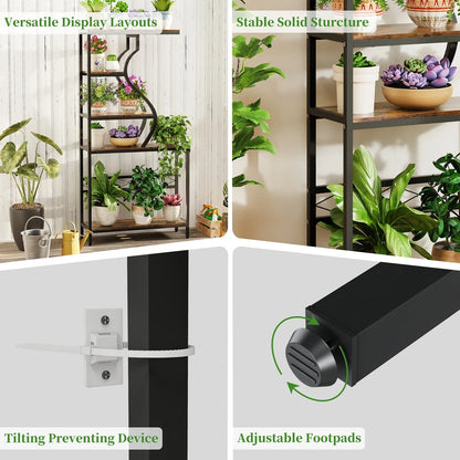 Black metal plant stand with wooden shelves and adjustable footpads in decorbites™ large 5-tier industrial plant stand shelf