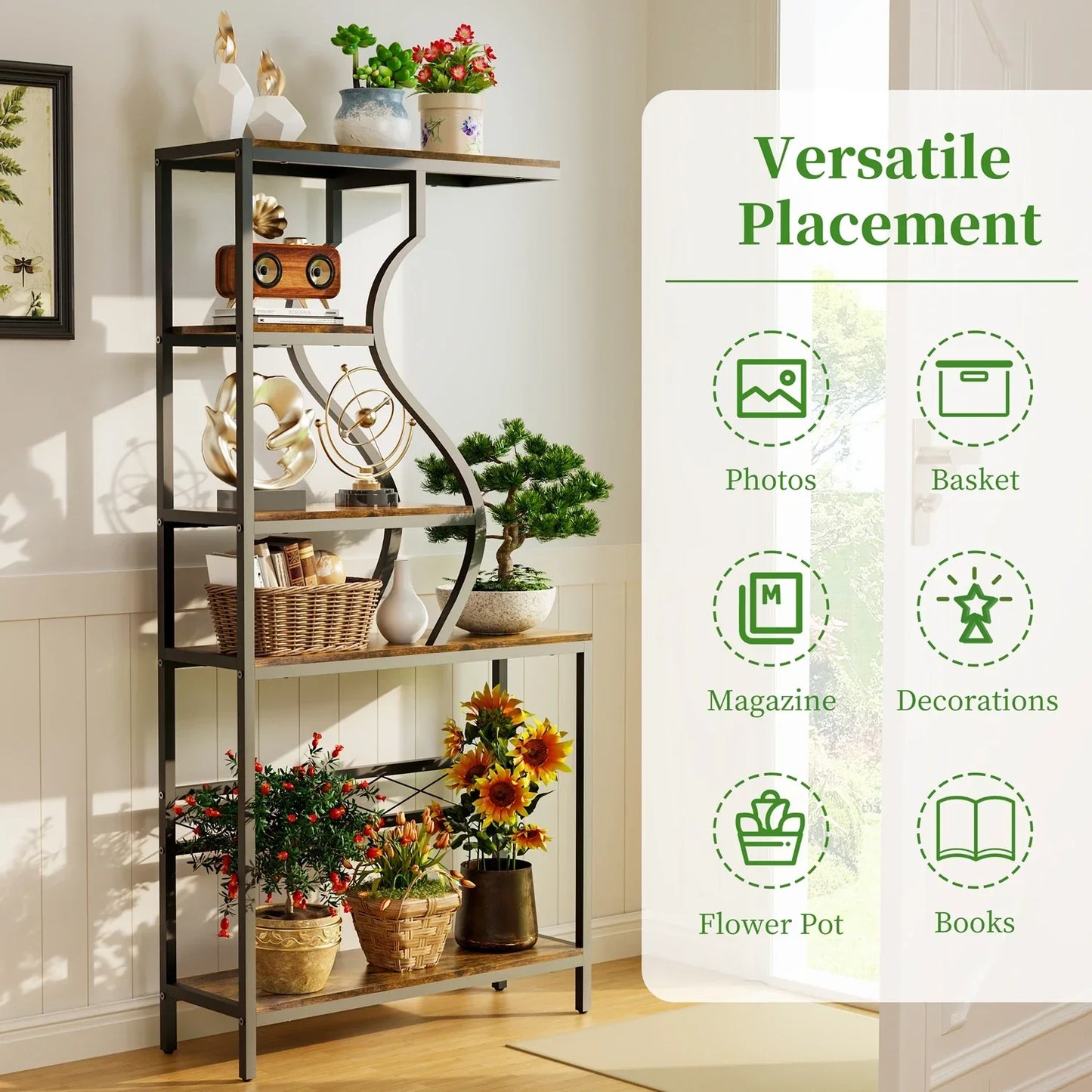 DecorBites™ large 5-tier industrial plant stand shelf with black metal and wood featuring a curved design