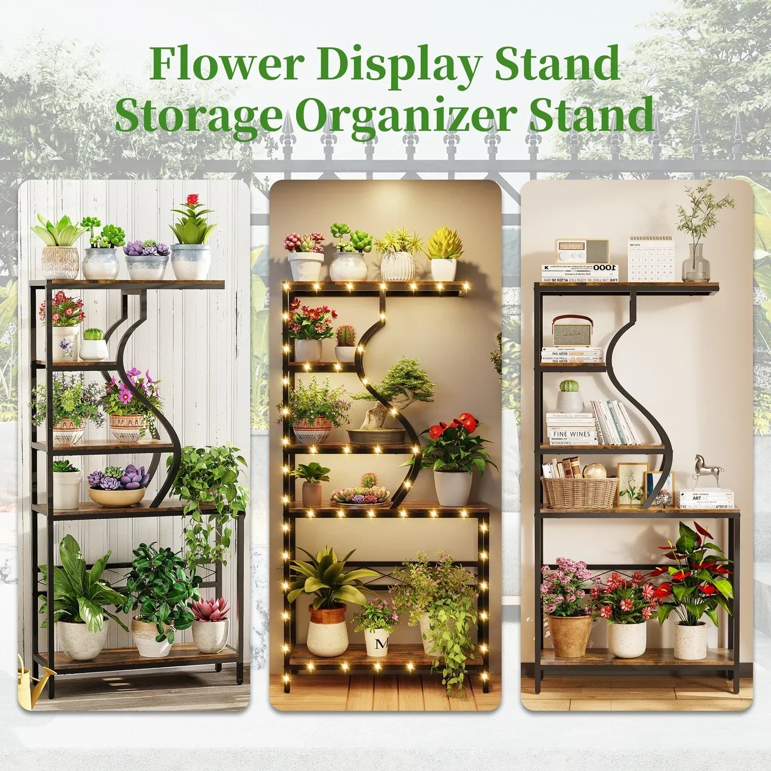 DecorBites large 5-tier industrial plant stand shelf with black metal frame wood shelves and warm led edge lighting