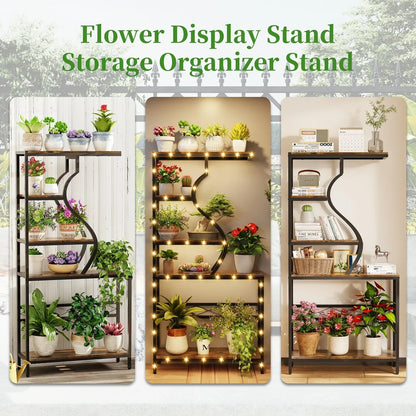 DecorBites large 5-tier industrial plant stand shelf with black metal frame wood shelves and warm led edge lighting